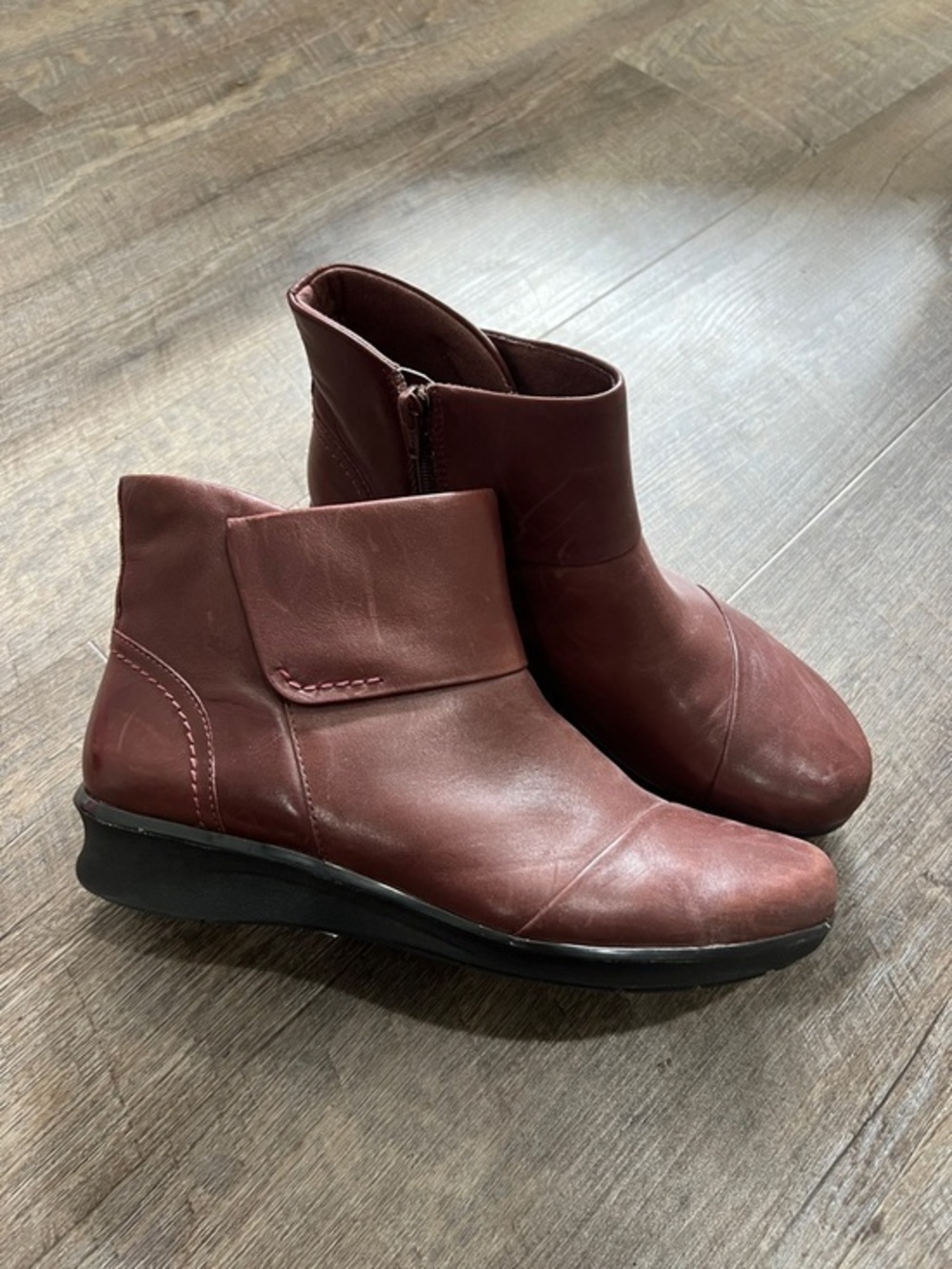 Clarks Burgundy Leather Ankle Booties with Side Zip